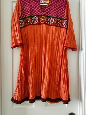 Vibrant Orange Embroidered Women's Tunic with Magenta Yoke